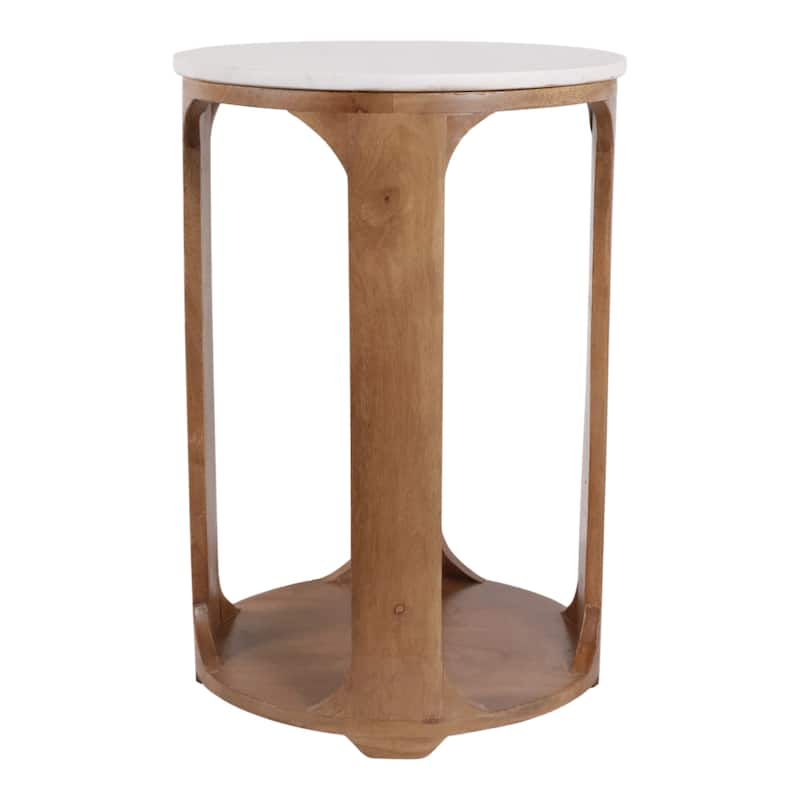 Modern Round Stone Top Accent Table with Wood Base - 22", Brown