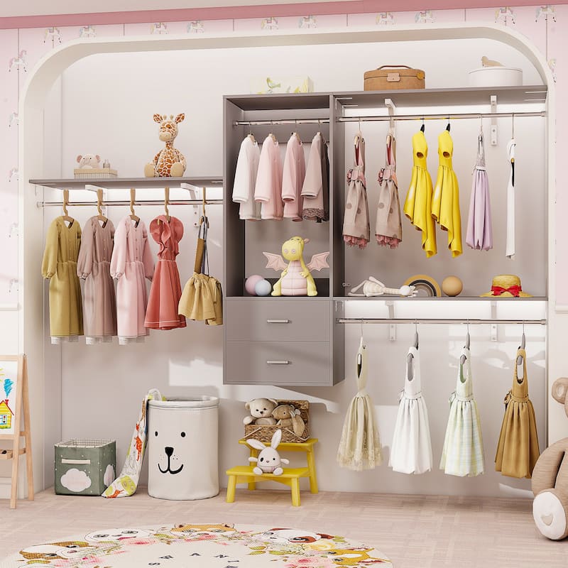 96'' W Wall-mounted Closet System with Storage Shelves and Hanging Rods,Adjustable Walk-in Closet Organizer System