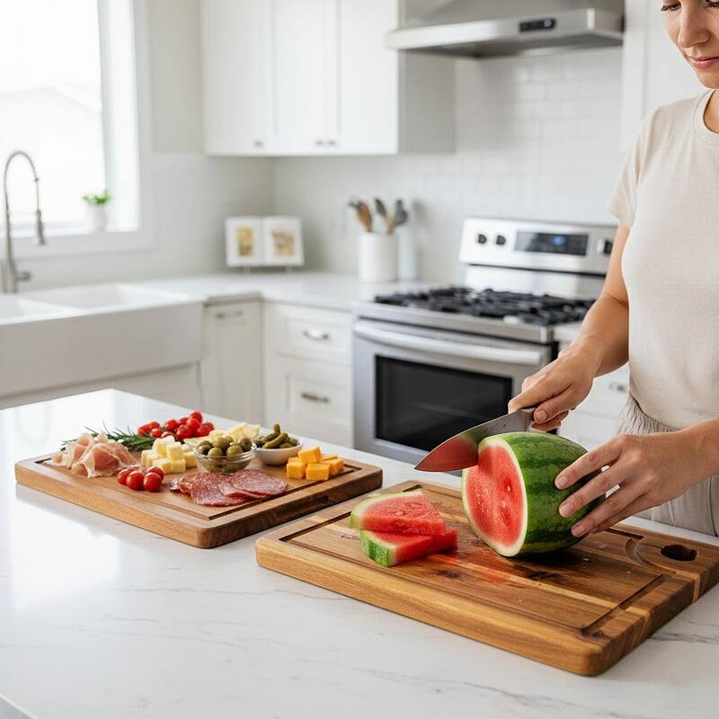 Scalop Premium Acacia Wood Cutting Board Set of 3 with Display Stand