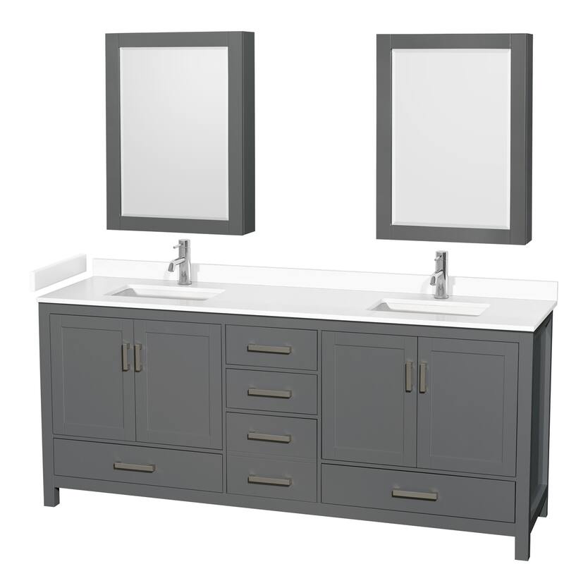Wyndham Collection Sheffield 80" Double Bathroom Vanity, Carrara - Dark Gray / White Cultured Marble Top / Brushed