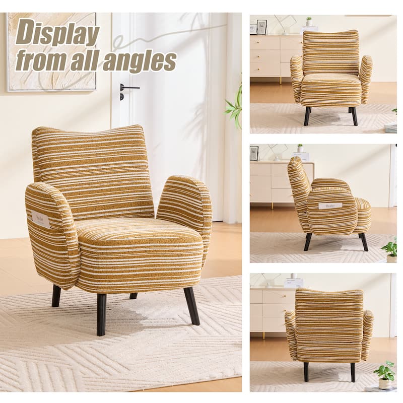 Boucle Upholstered Lounge Armchair, Reading Chair with Side Storage Pocket, Single Sofa Chair with Solid Wood Legs