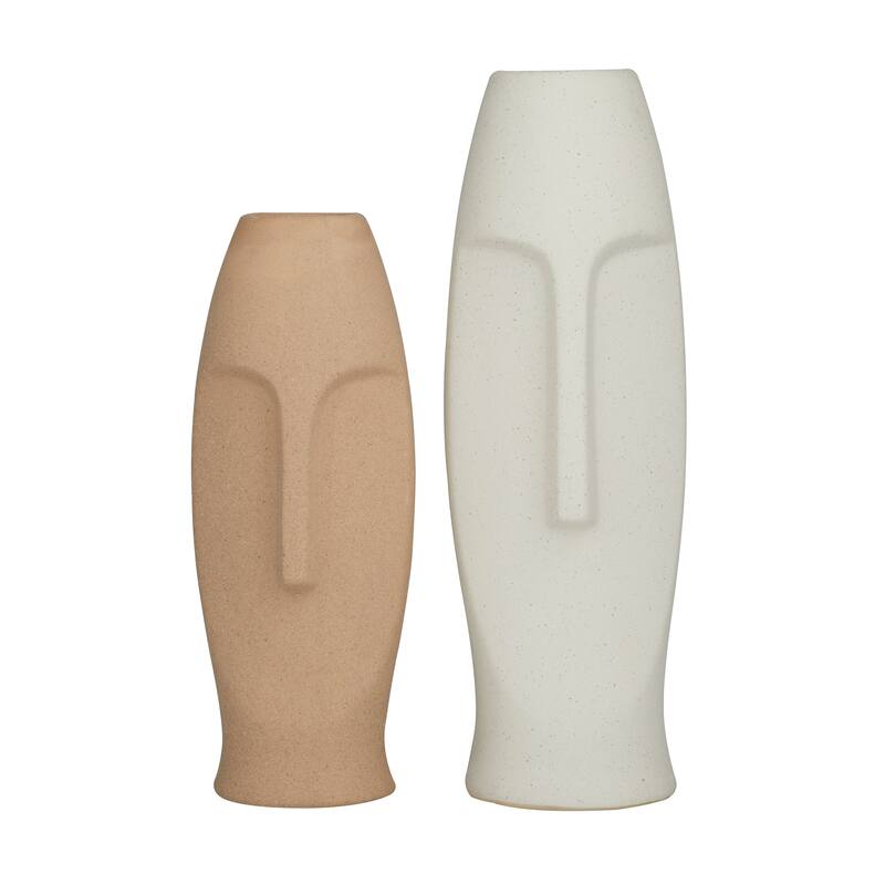 Beige Ceramic Easter Island Head Vase (Set of 2)