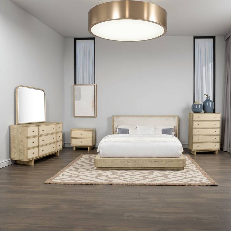 Lno 5pc Queen Bedroom Set, Resin Cane, Beige Oak, Beige Upholstery