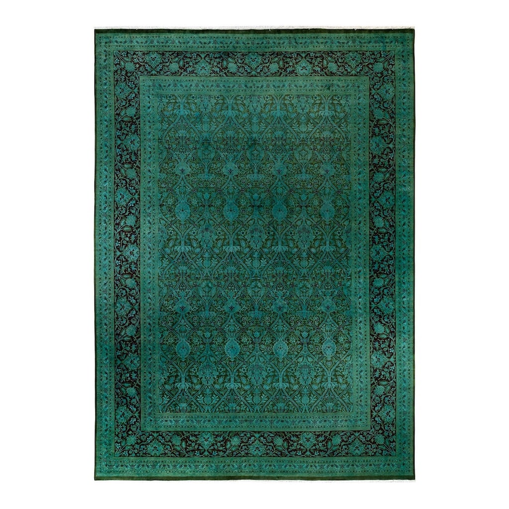 Overton Hand Knotted Wool Vintage Inspired Modern Contemporary Overdyed Green Area Rug - 9' 10" x 14' 0"
