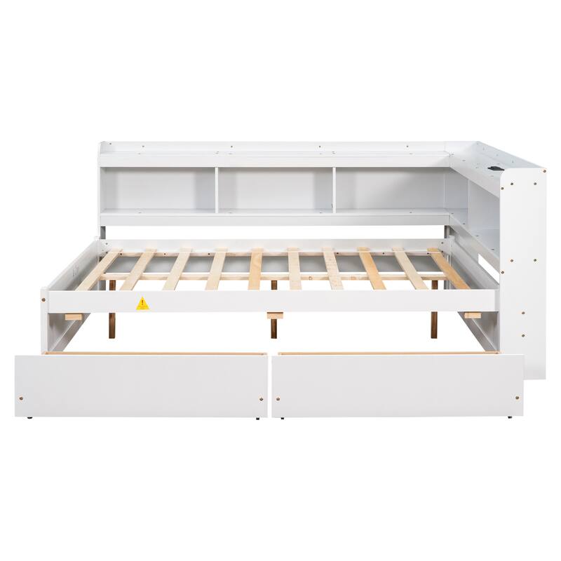 Corner Daybed Bookcases Bed with Power Outlets and Charging Ports, L-Shaped Storage Bed Frame Captains Bed with 2 Drawers