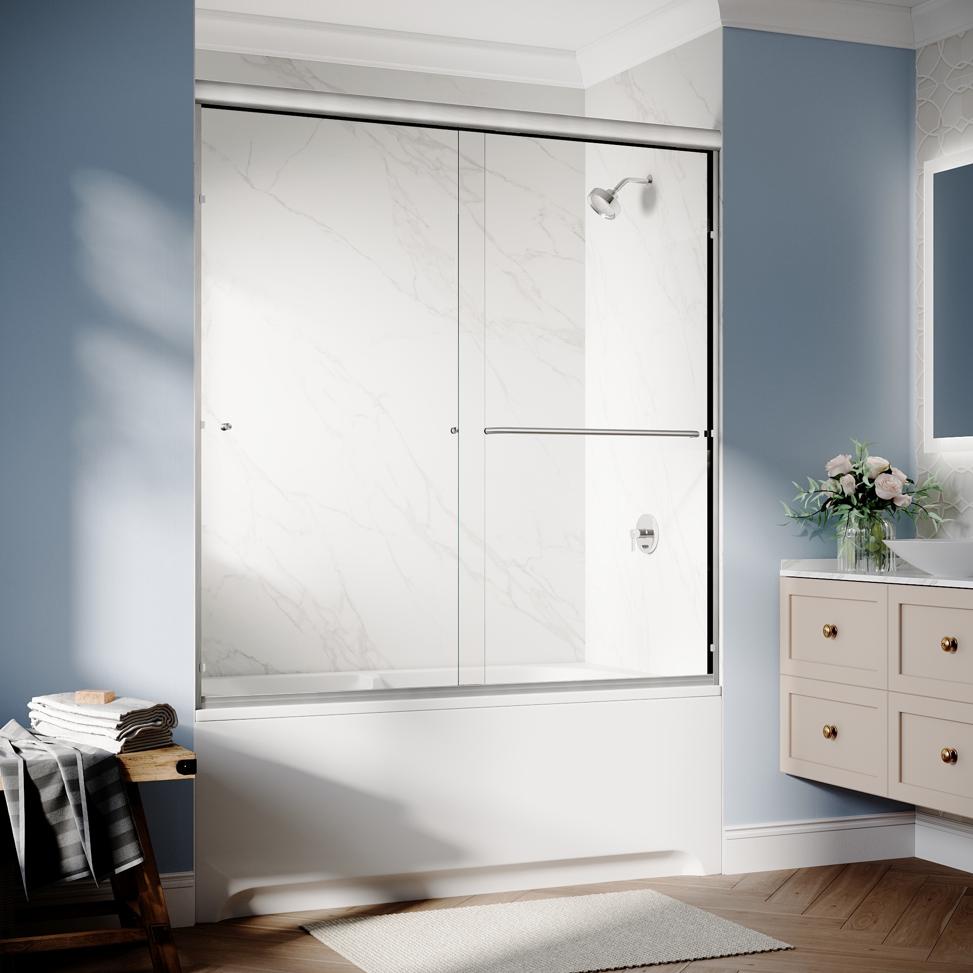 Elegant Bathtub Double Sliding Shower Door 60" W x 62" H in Brushed Nickel Finish with 1/4'' Clear Tempered Glass - 60" x 62"