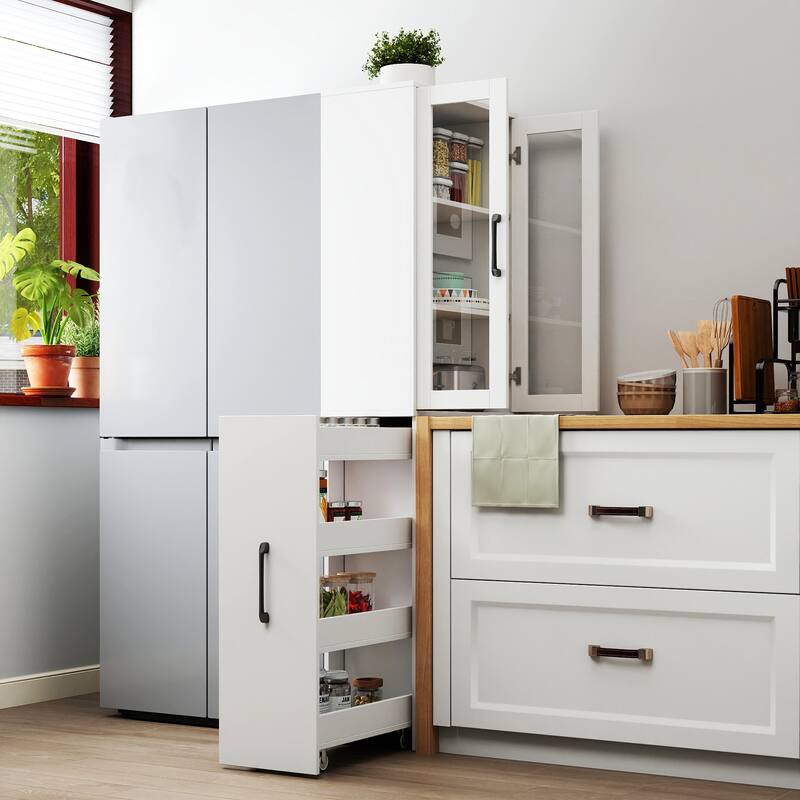 Roomfitters 70.87" Display Storage Cabinet with 2 Glass Doors and 4-Tier Pull-Out Shelves, Modern Wooden Kitchen Pantry Cabinet