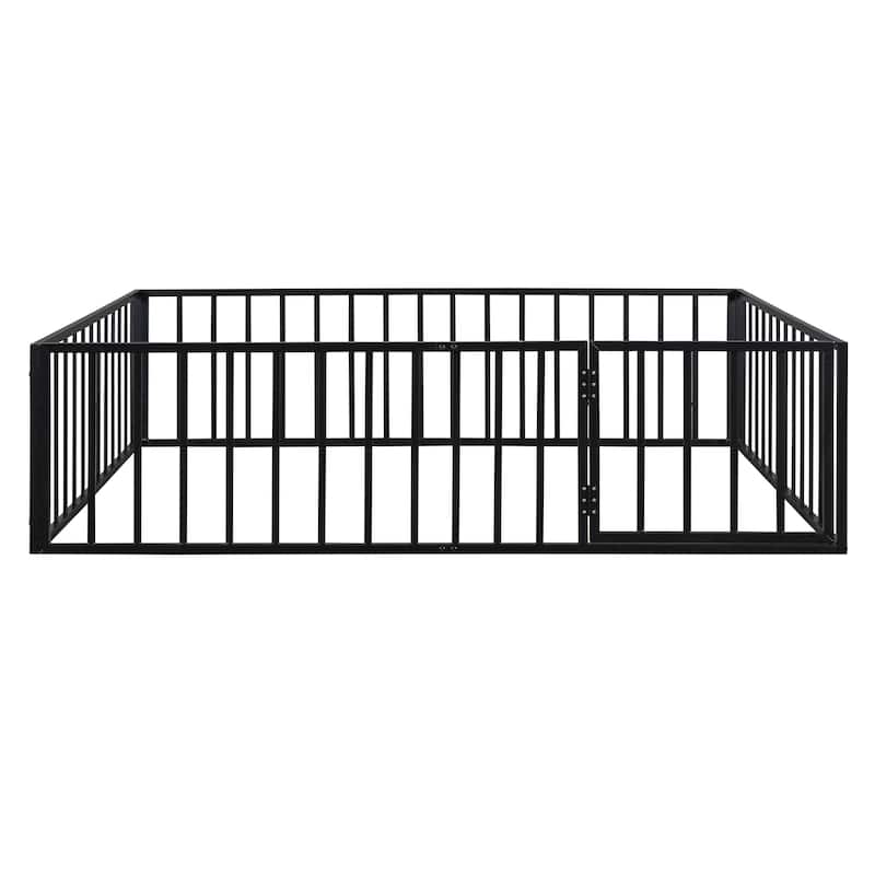 Black Queen Size Metal Floor Bed Frame with Fence and Door for Kids