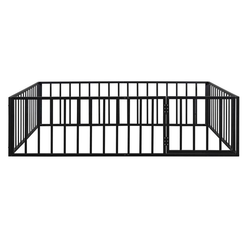 Queen Size Metal Floor Bed Frame with Fence & Door