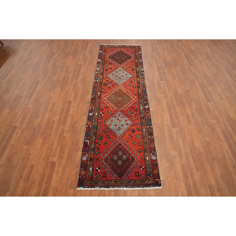 Hand Knotted Oriental 100% Wool Carpet Traditional Tribal Oranges & Rust Hamedan Runner Rug - 10' 1'' X 2' 11''