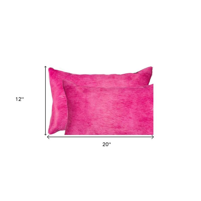 HomeRoots Set of Two 12" X 20" Fuchsia Cowhide Lumbar Throw Pillows