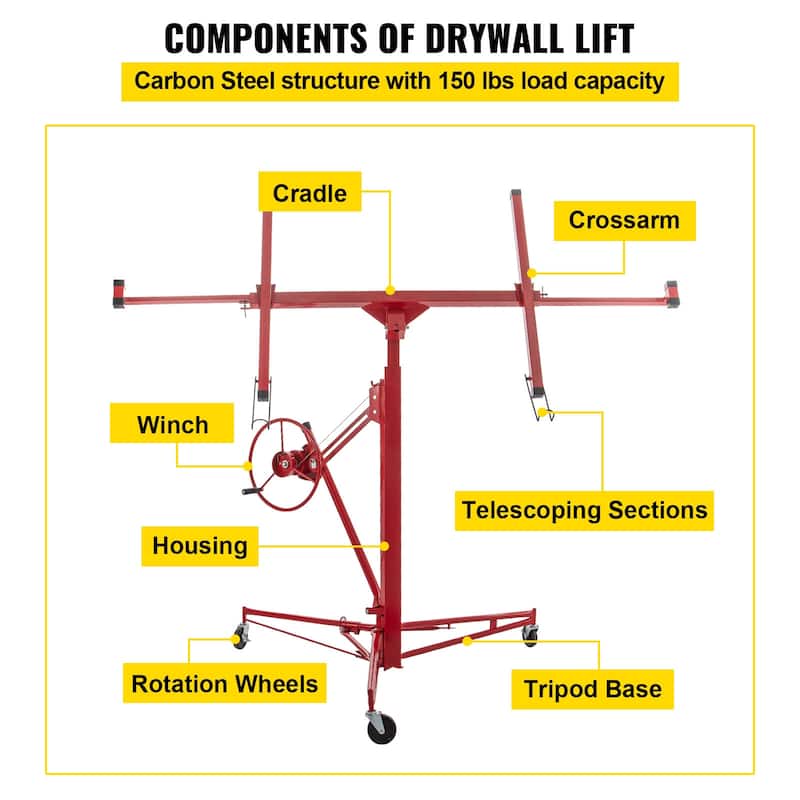 Drywall Rolling Lifter Panel with Telescopic Arm & 3 Lockable Wheels - 150 lbs