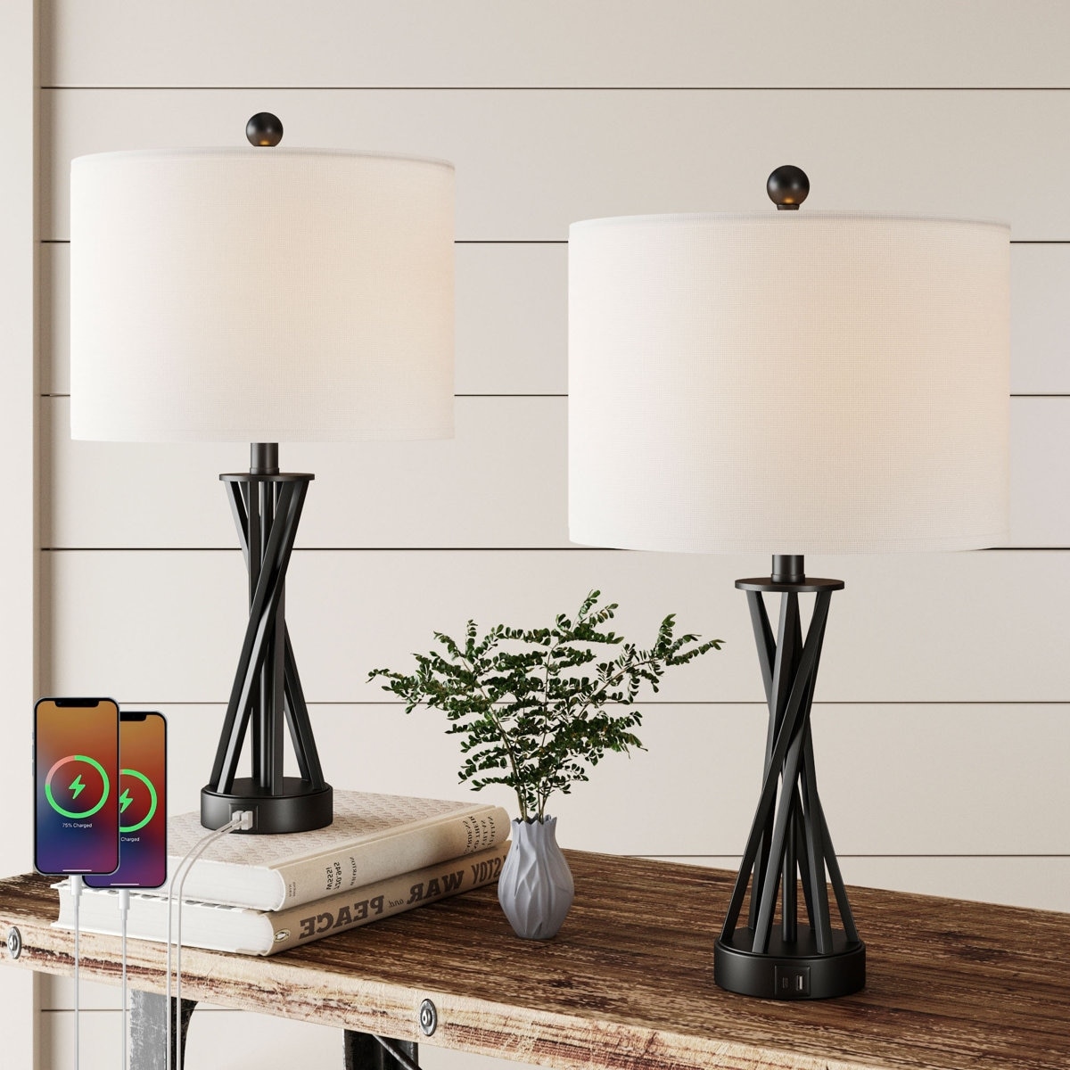 Maxax 24" Modern Black Metal Table Lamp with USB and Type-C Bedside Lamp for Bedroom and Living Room (Set of 2)
