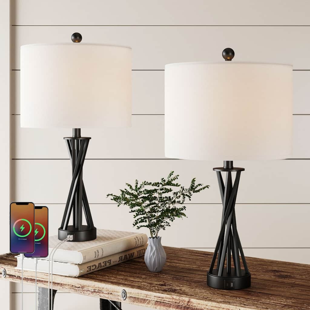 Maxax 24" Modern Black Metal Table Lamp with USB and Type-C Bedside Lamp for Bedroom and Living Room (Set of 2)