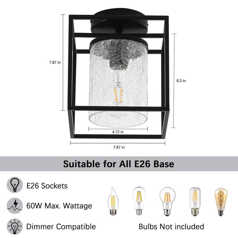 1-Light Modern Black Metal Frame Textured Glass Ceiling Light - Matte Black