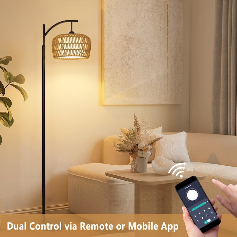 Arc Floor Lamps for Living Room, Dimmable Rattan Floor Lamp with Remote & LED Bulb, Mid Century Modern Standing Lamp