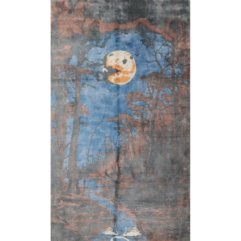 Hand Knotted Oriental Viscose Silk Carpet Modern Pictorial Navy Blue & Blues Abstract Area Rug - 8' 0'' X 4' 11''