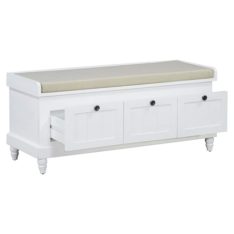 Storage Bench with Cushioned Seat & 3 Drawers, Wooden Entryway Storage Bench, Shoe Bench with Hidden Storage Space
