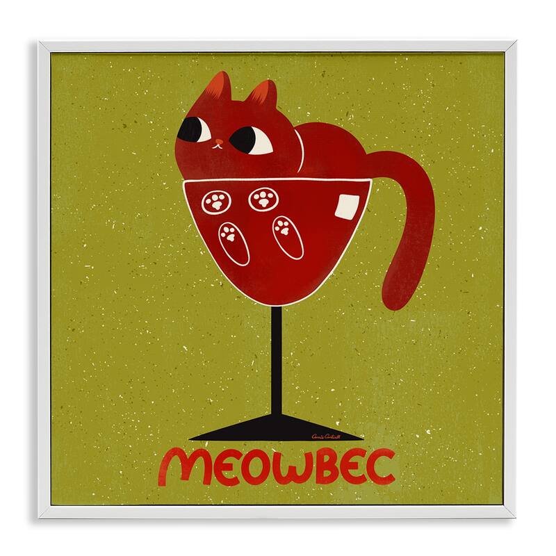 Stupell Meowbec Cat Wine Framed Giclee Art Design By Carrie Cantwell - 24 x 24 - White