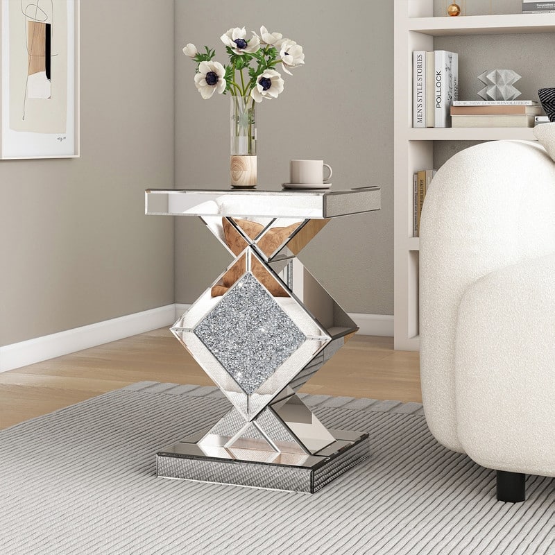 Modern Mirrored Glass Top End Table with Crushed Diamond