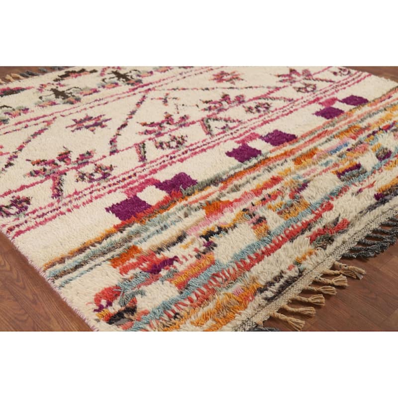 Plush Ivory Moroccan Square Rug Handmade Wool Carpet - 5'5" x 5'11"