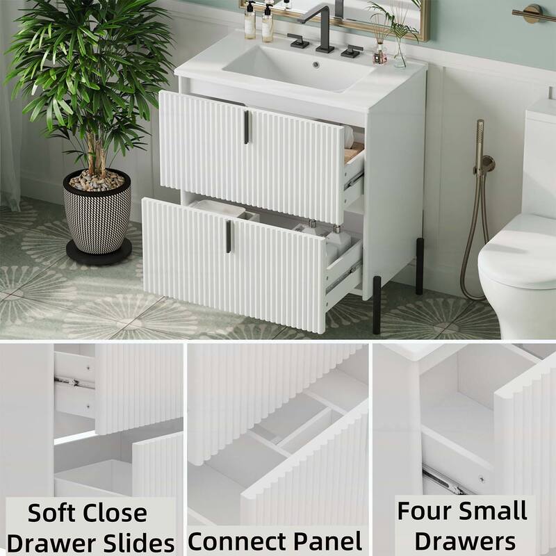 30-Inch Freestanding Bathroom Vanity with Ceramic Sink,Soft Close Drawers,and Fluted Design in Dark Brown