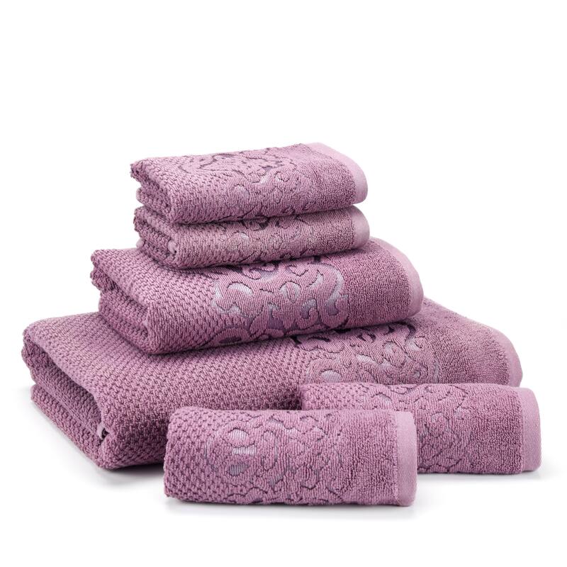 East'N Blue Galata Turkish Cotton Bath Towel Set (Set of 6) - (1 Bath Towel, 1 Hand Towel, 4 Washcloth) - Damson