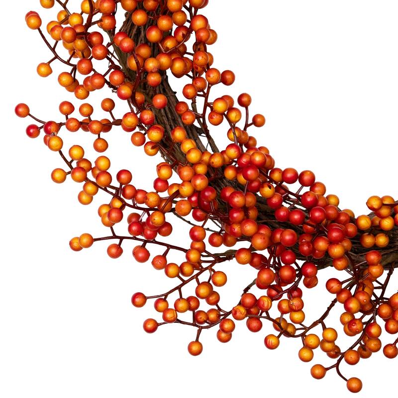 18" Red Orange Berries Artifical Fall Harvest Twig Wreath, 18", Unlit