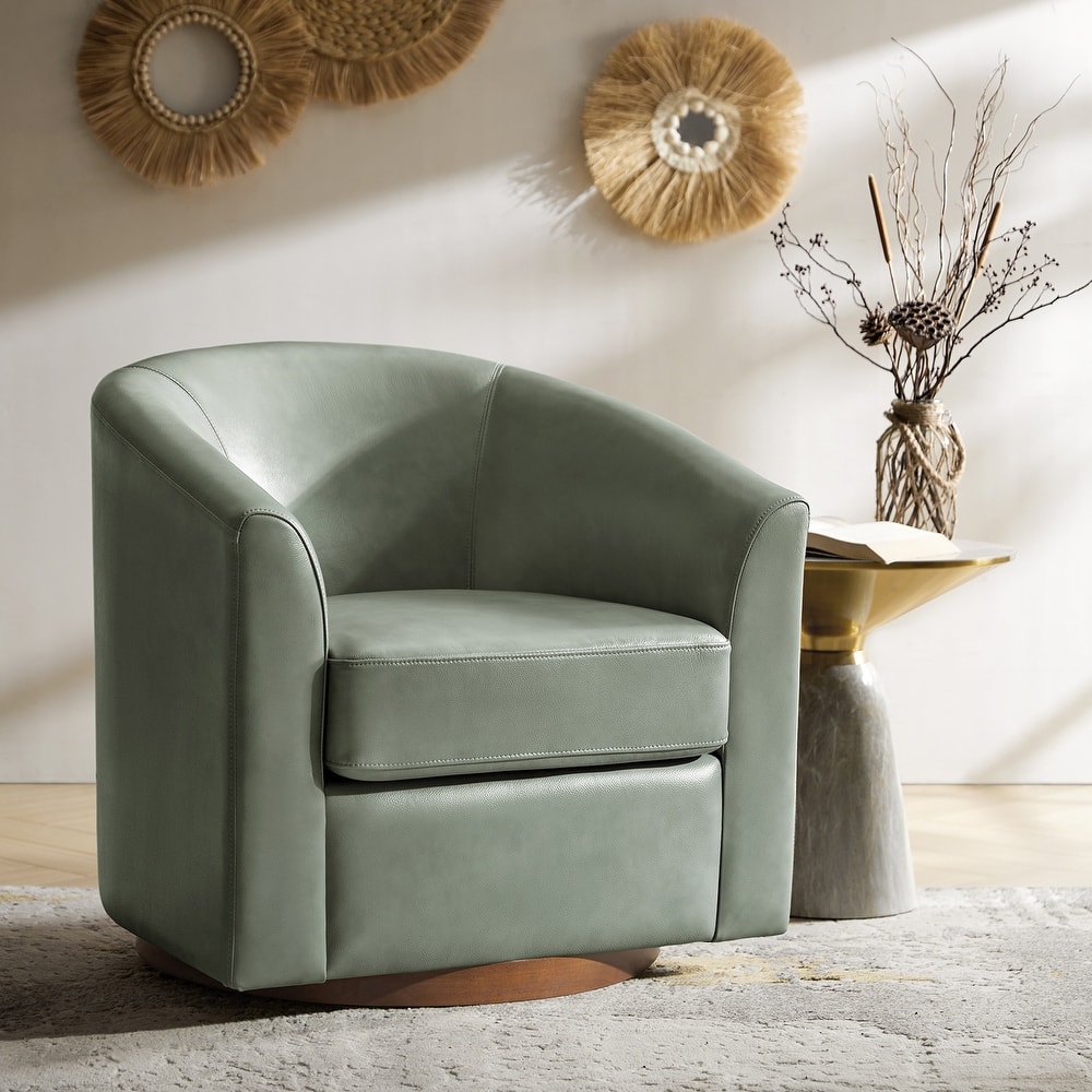 Althea Modern Genuine Leather Swivel Barrel Chair with Solid Wood Base By HULALA HOME