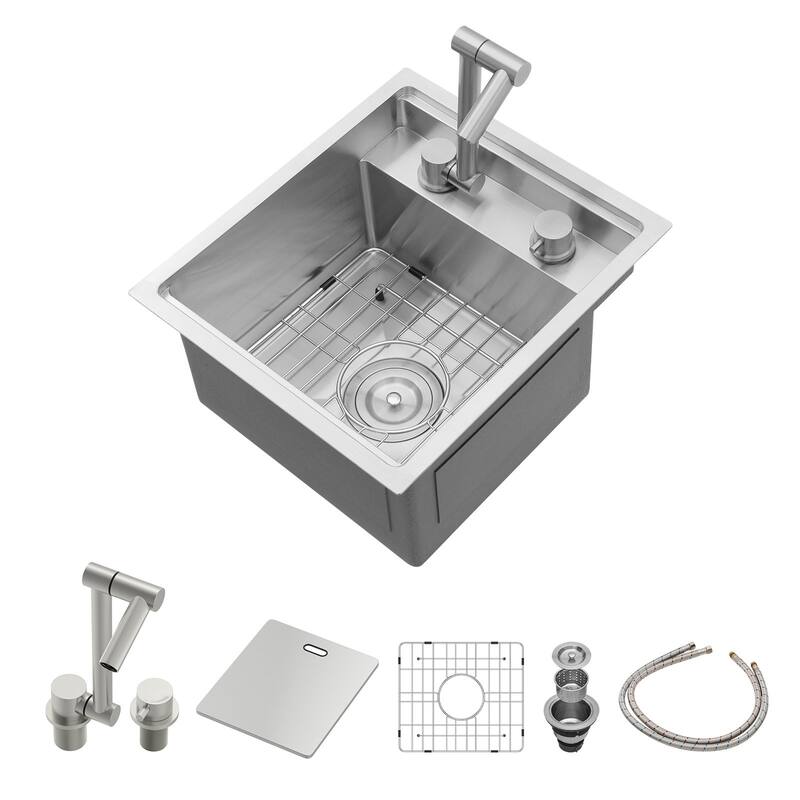 Lordear 17" Stainless Steel Sink Undermount Workstation Single Bowl Bar Sink or Kitchen Sink with Folding Faucet