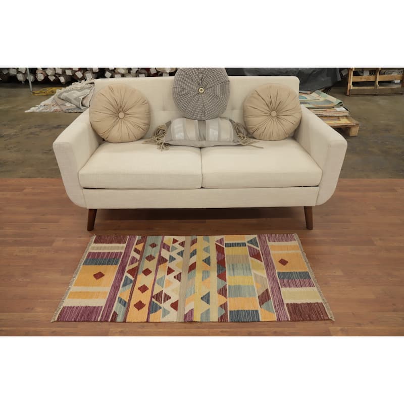 Hand Woven Oriental 100% Wool Carpet Southwestern Tribal Multi-Colored Kilim Area Rug - 4' 2'' X 2' 1''