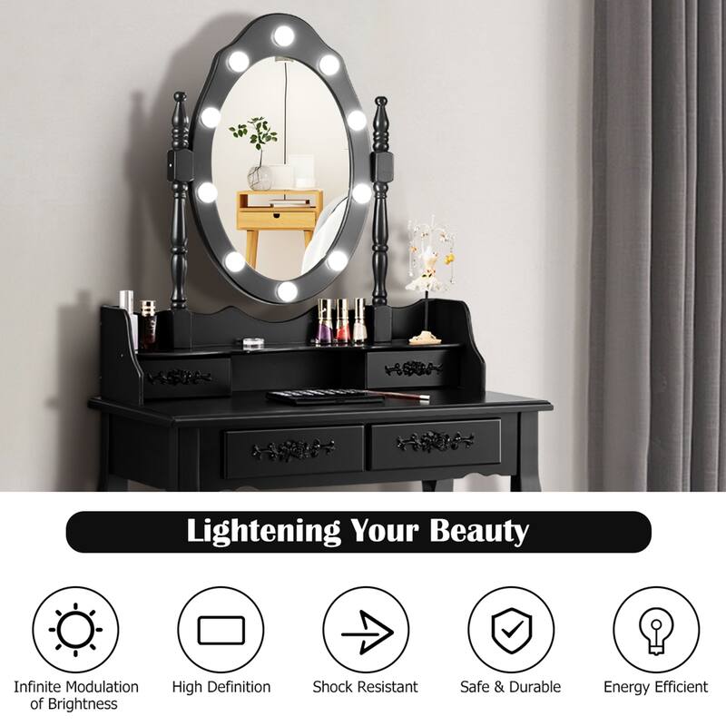 Gymax Makeup Vanity Dressing Table Set w/10 Dimmable Bulbs Cushioned - See Details