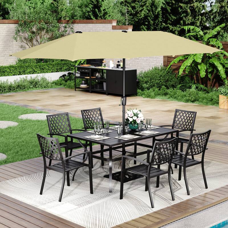 MAISON ARTS 8-Piece Outdoor Dining Set with 13ft Umbrella Steel Rectangle Table & 6 Stackable Chairs - Beige Umbrella
