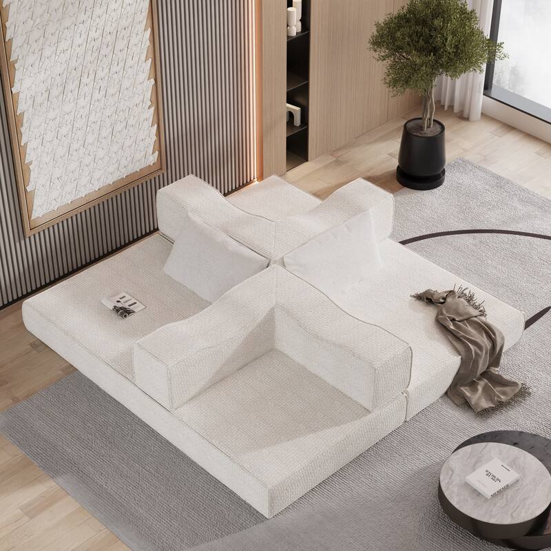 80" Convertible Sofa Bed with 2 Pillows, 2-Seat Folding Floor Couch, Multifunctional Chenille Loveseat Living Room Sleeper Sofa