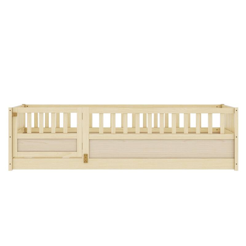 Children's Twin Floor Bed with Safety Guardrails & Door, Montessori Wooden Bed Frame for Bedroom Play Area