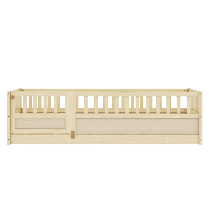 Pine Wood Floor Bed with Full-Length Guardrail and Door