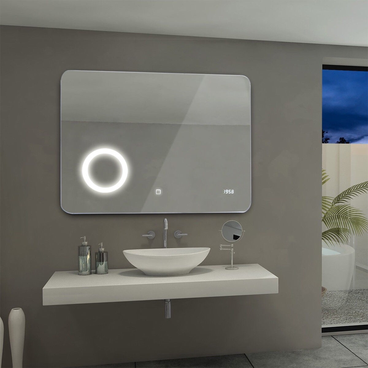 Led Touch Button Wall Mounted Makeup Mirror W Clock Pictured Overstock 28430716 Tested to cope with high humidity areas, our bathroom mirrors with shelf aren't just practical for seeing where you're really put your lip add atmosphere. led touch button wall mounted makeup mirror w clock pictured