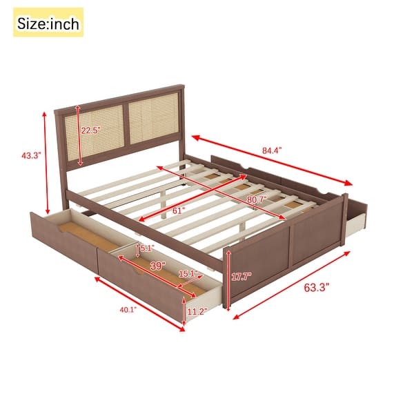 dimension image slide 3 of 4, Rattan Platform Bed Frame with 4 Storage Drawers and Wooden Rattan Headboard for Kids, No Box Spring Needed