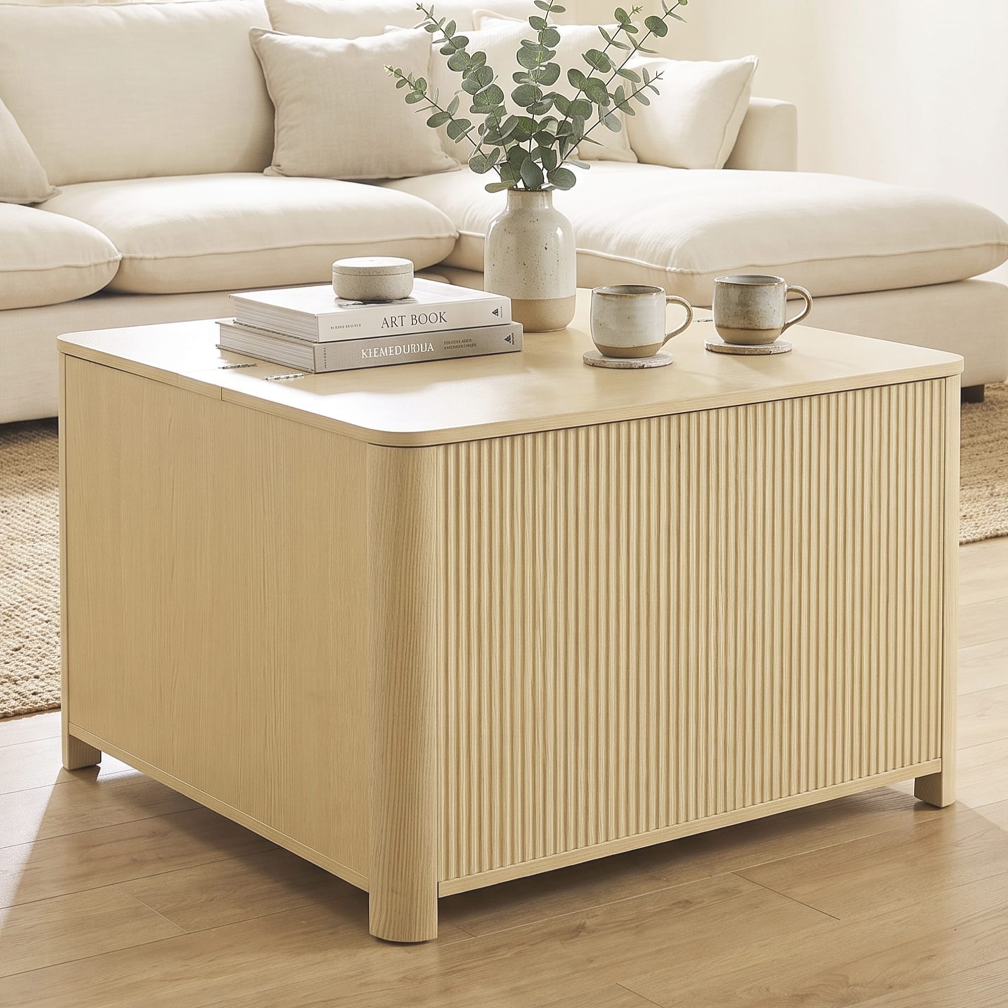 32" Farmhouse Natural Solid Wood Storage Accent Coffee Table with Compartment