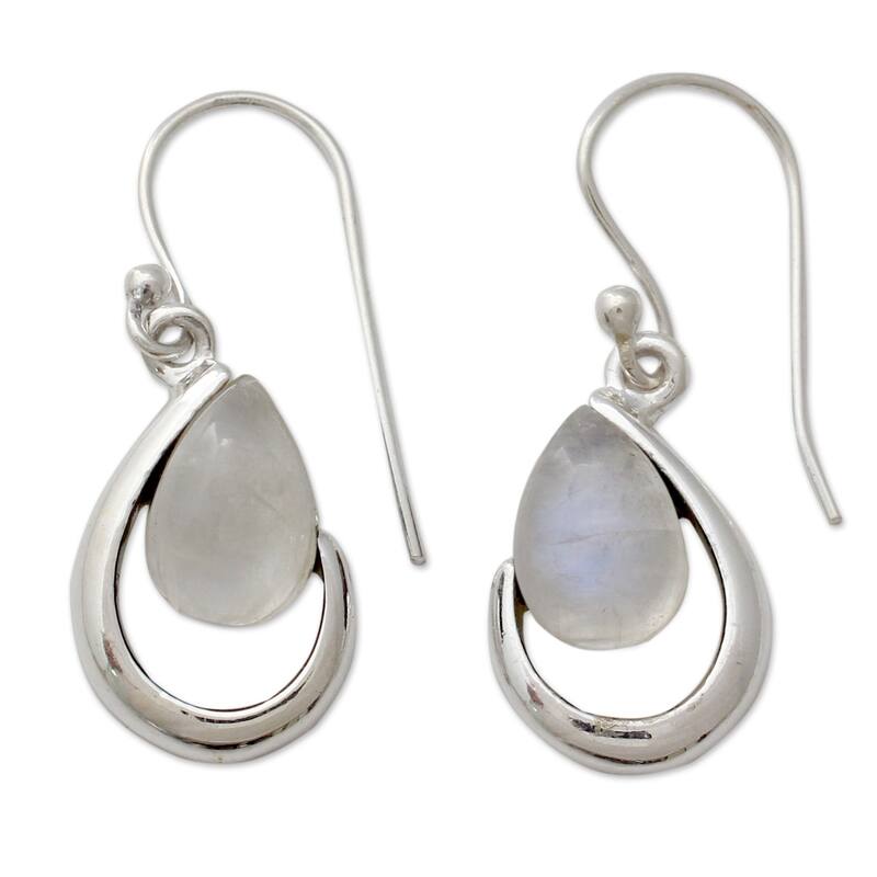 Sterling Silver 'Sublime Symmetry' Rainbow Moonstone Earrings - White