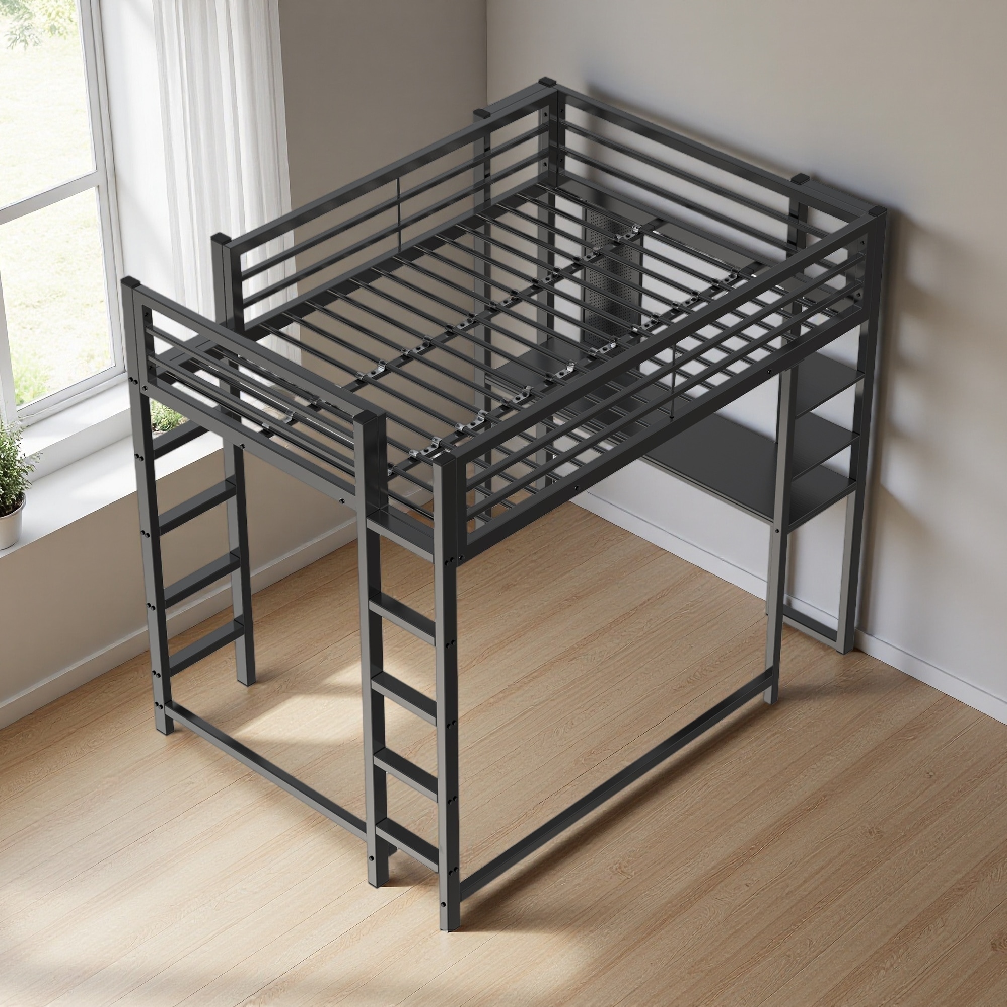 Full Size Metal Loft Bed with Desk, Storage Shelves and Full-Length Guardrails