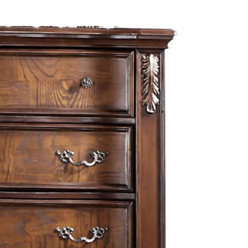 Prio Tall Dresser Chest, 5 Drawers, Classic Wood Carved, Cherry Brown