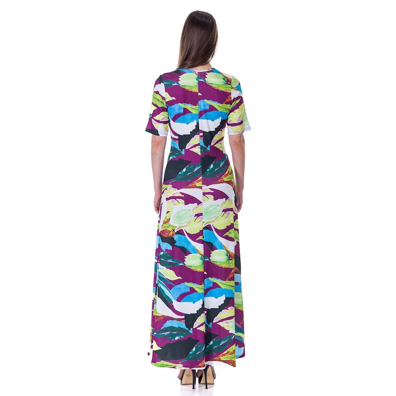 24seven Comfort Apparel Womens Multicolor Floral Print Elbow Sleeve Casual A Line Maxi Dress