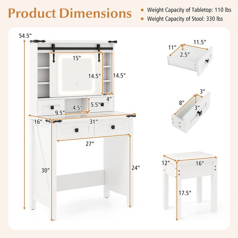 Gymax Farmhouse Vanity Desk Makeup Vanity Table w/Adjustable