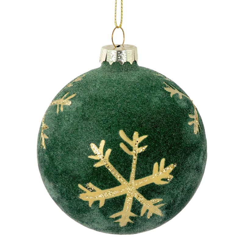 4ct Green Flocked Glass Ball Christmas Ornaments Gold Snowflakes 3"