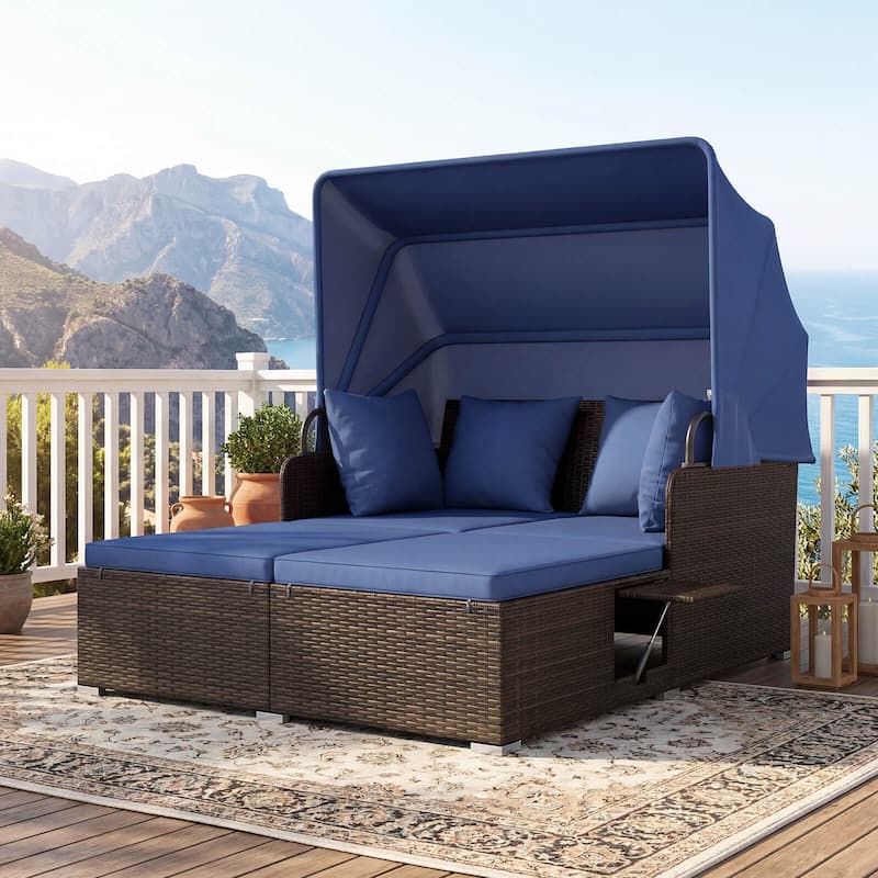 Costway Patio Rattan Daybed Lounge Retractable Top Canopy Side Tables - See Details