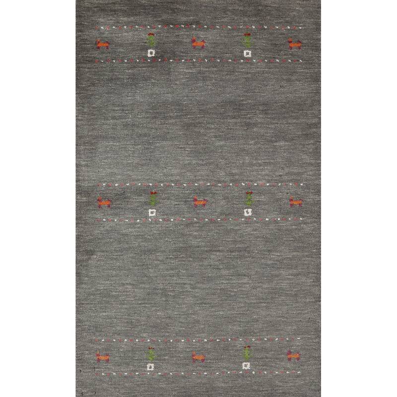 Hand Knotted Oriental 100% Wool Carpet Tribal Animal Pictorial Greys & Charcoal Gabbeh Area Rug - 4' 11'' X 3' 0''