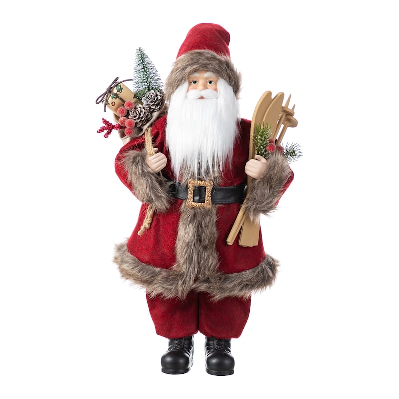 Glitzhome 18"H Faux Fur Christmas Santa Figurines with Porcelain Face