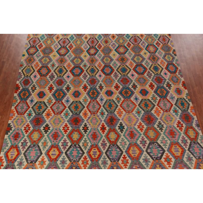 Geometric Kilim Oriental Large Rug Flatweave Bedroom Wool Carpet - 10'3"x 15'11"