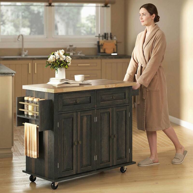 HOMCOM Kitchen Island on Wheels, Rolling Cart with Rubberwood Top, Spice Rack, Towel Rack and Drawers for Dining Room, Brown Oak
